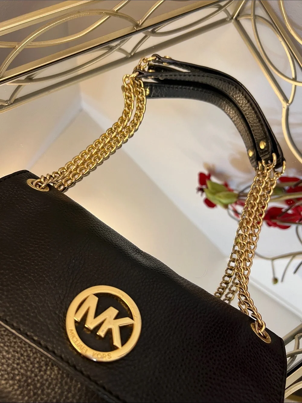 Michael Kors Fulton Flap Black Pebbled Leather Shoulder Bag with Gold Chain